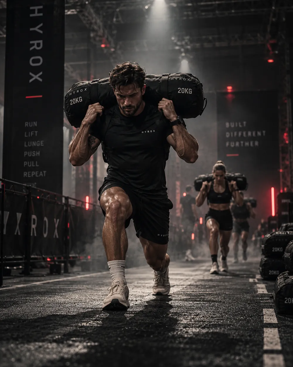 Athlete performing a loaded sandbag lunge