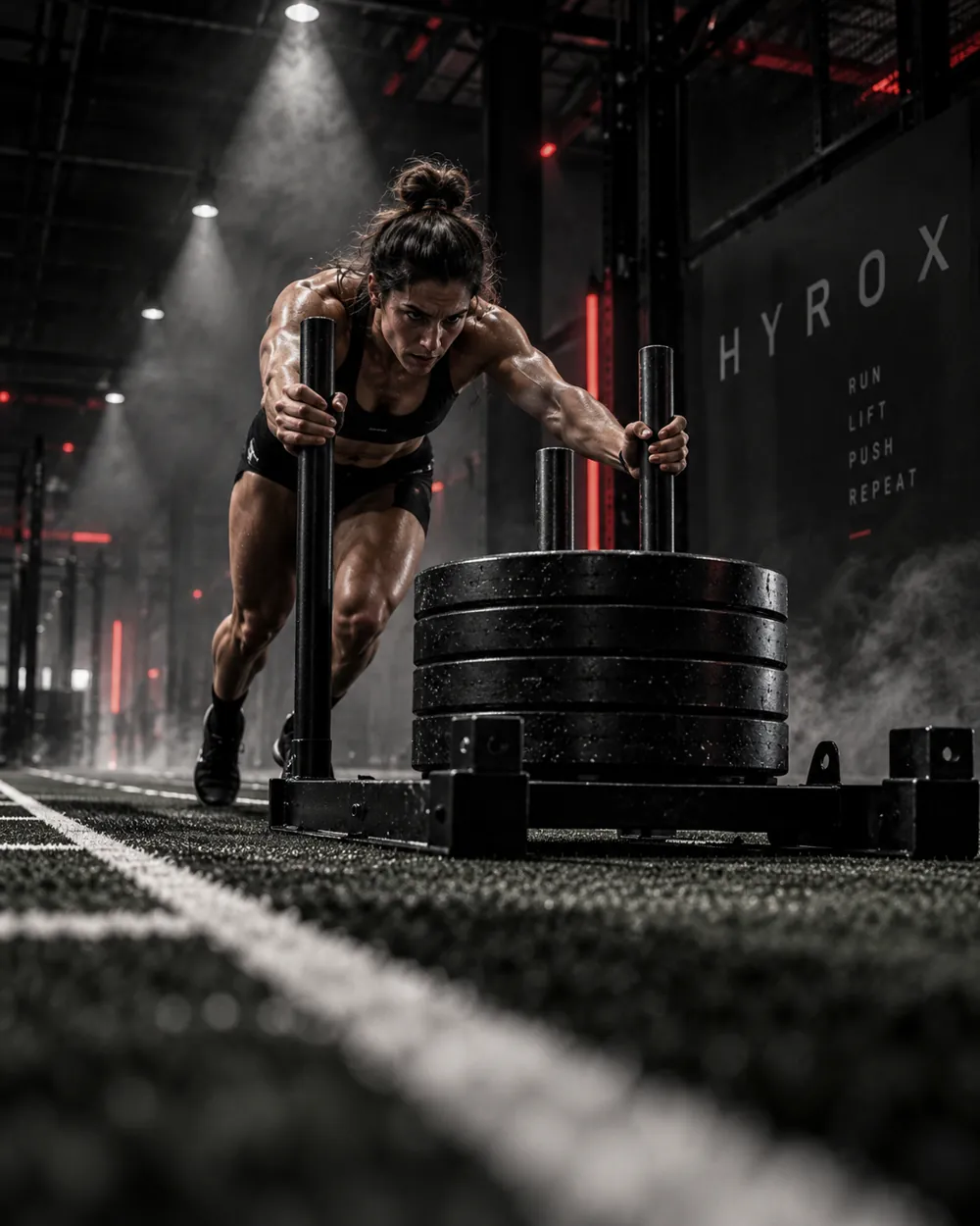 Athlete pushing a loaded sled on indoor turf